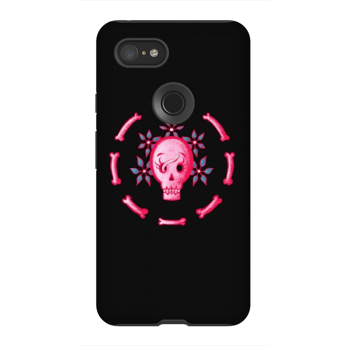 Pixel 3XL StrongFit Funny Skull In Pink With Flowers And Bones by Boriana Giormova