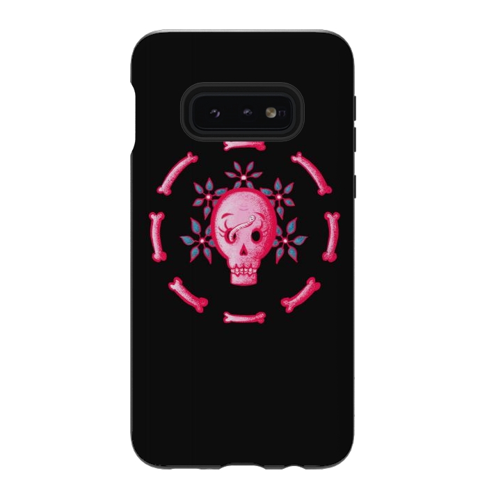 Galaxy S10e StrongFit Funny Skull In Pink With Flowers And Bones by Boriana Giormova