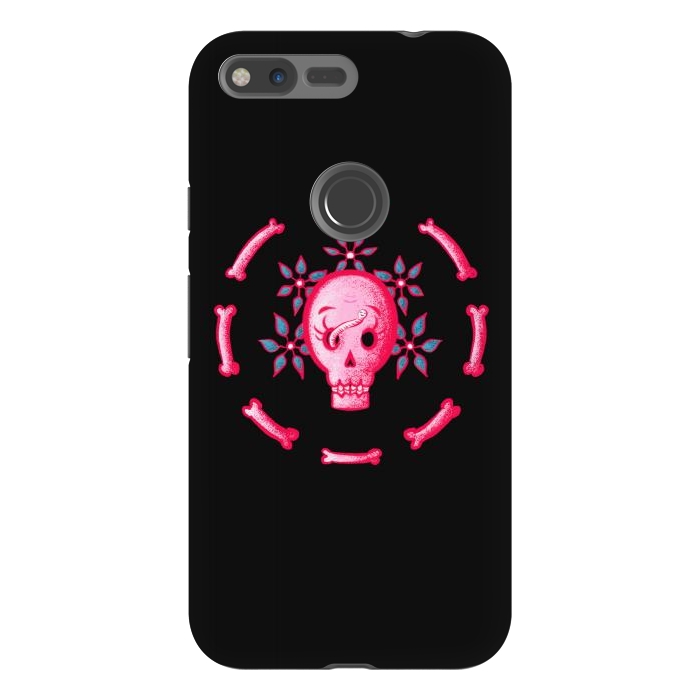 Pixel XL StrongFit Funny Skull In Pink With Flowers And Bones by Boriana Giormova