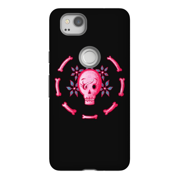 Pixel 2 StrongFit Funny Skull In Pink With Flowers And Bones by Boriana Giormova