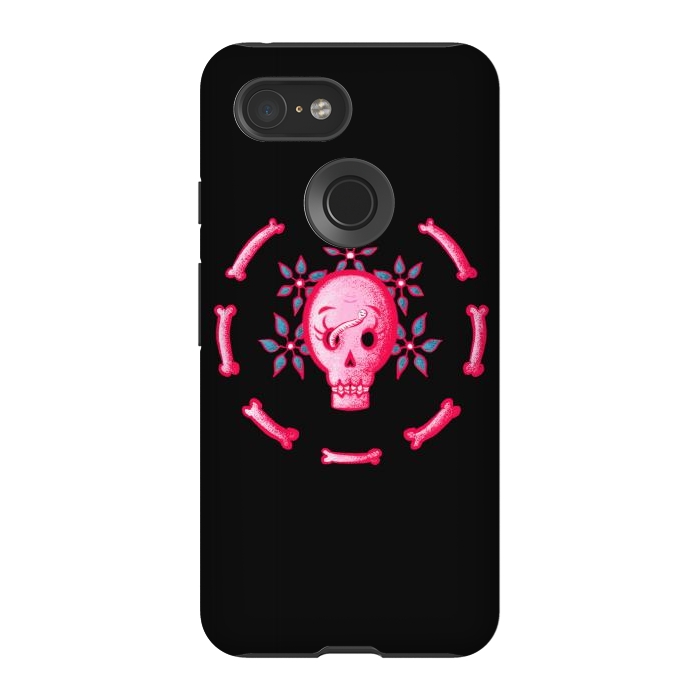 Pixel 3 StrongFit Funny Skull In Pink With Flowers And Bones by Boriana Giormova