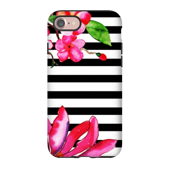 iPhone 7 StrongFit black white stripes floral pink pattern by MALLIKA