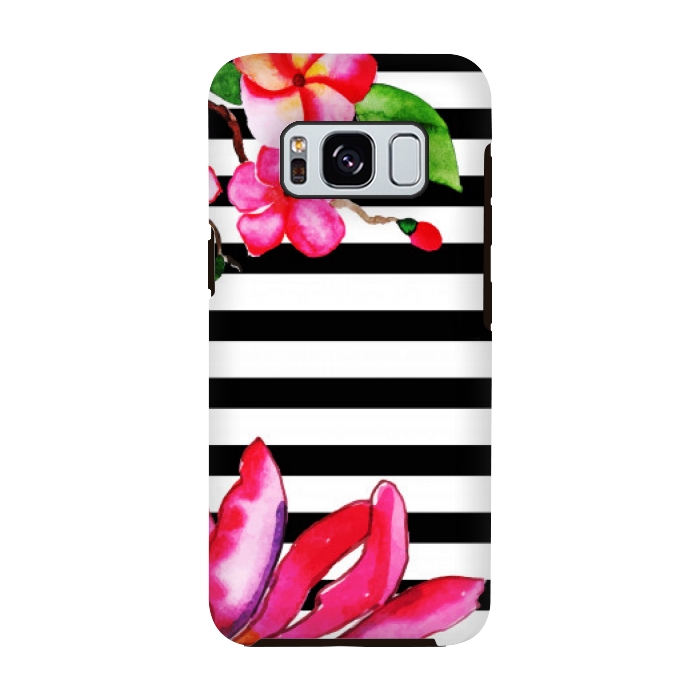 Galaxy S8 StrongFit black white stripes floral pink pattern by MALLIKA