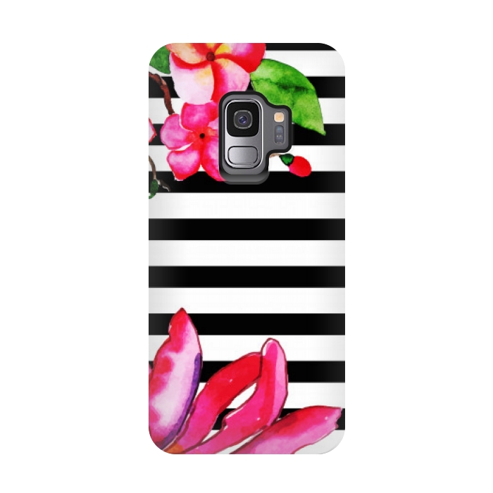 Galaxy S9 StrongFit black white stripes floral pink pattern by MALLIKA