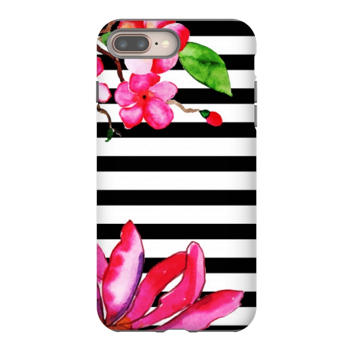 iPhone 8 plus StrongFit black white stripes floral pink pattern by MALLIKA