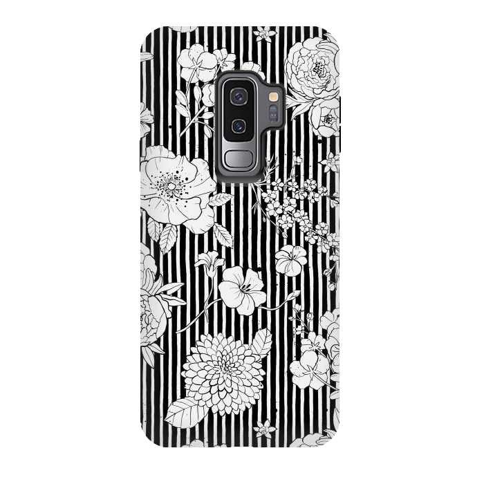 Galaxy S9 plus StrongFit Flowers and Stripes Black and White by Ninola Design