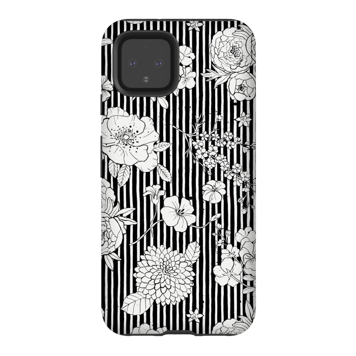 Pixel 4 StrongFit Flowers and Stripes Black and White by Ninola Design