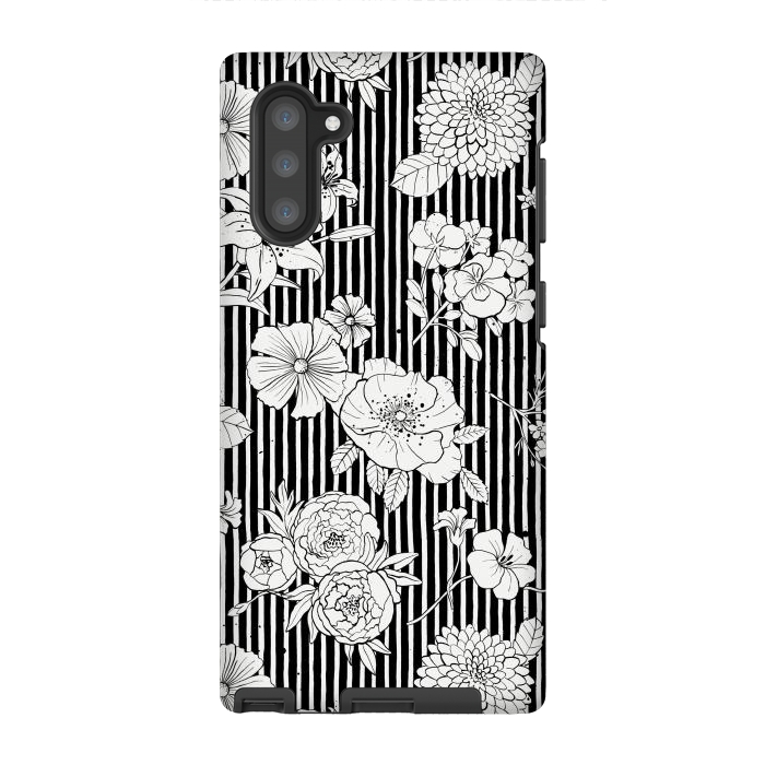 Galaxy Note 10 StrongFit Flowers and Stripes Black and White by Ninola Design