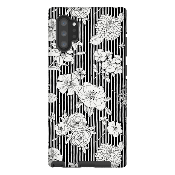 Galaxy Note 10 plus StrongFit Flowers and Stripes Black and White by Ninola Design