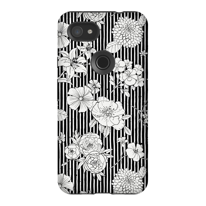 Pixel 3AXL StrongFit Flowers and Stripes Black and White by Ninola Design