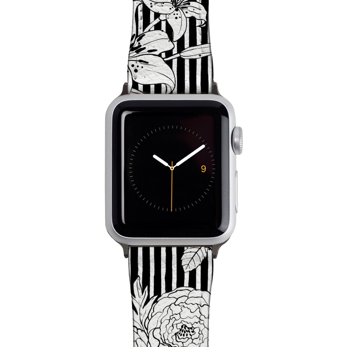 Watch 38mm / 40mm Strap PU leather Flowers and Stripes Black and White by Ninola Design