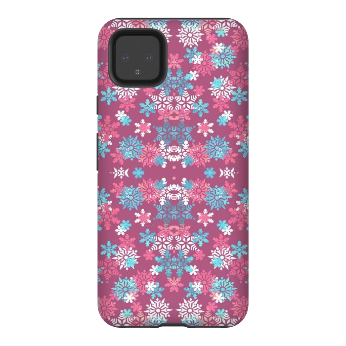 Pixel 4XL StrongFit Playful pink blue snowflakes winter pattern by Oana 