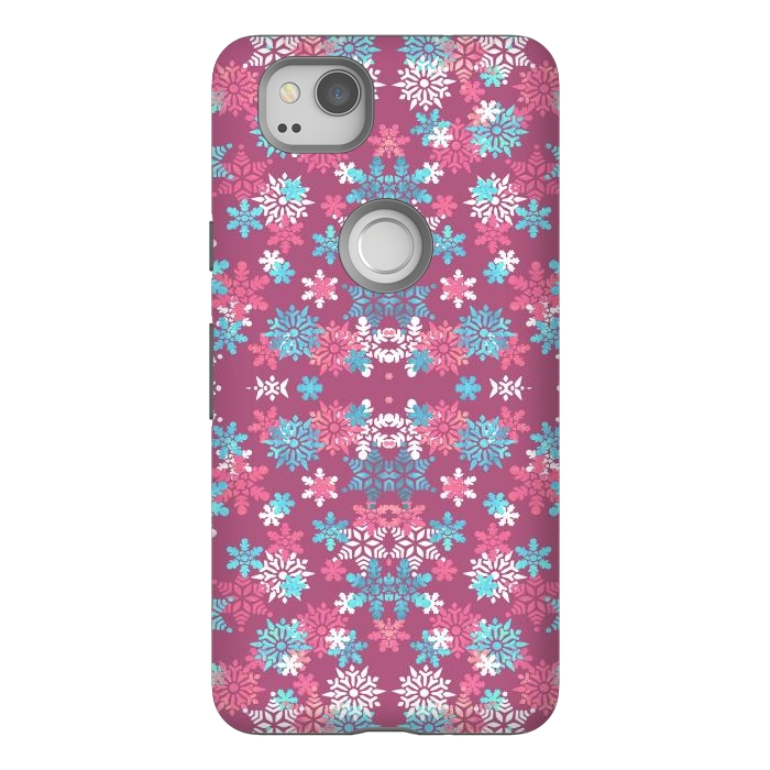 Pixel 2 StrongFit Playful pink blue snowflakes winter pattern by Oana 