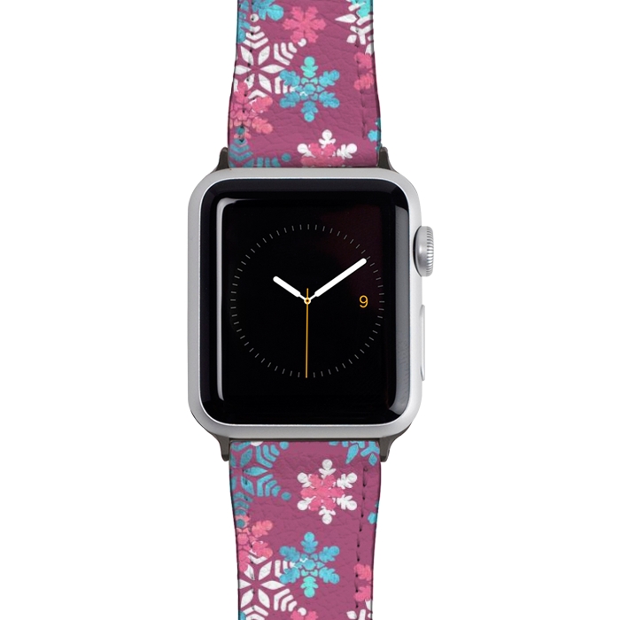 Watch 42mm / 44mm Strap PU leather Playful pink blue snowflakes winter pattern by Oana 