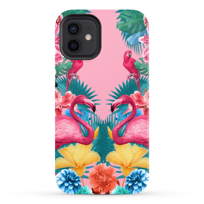 iPhone 12 StrongFit Flamingo and Tropical garden by Burcu Korkmazyurek