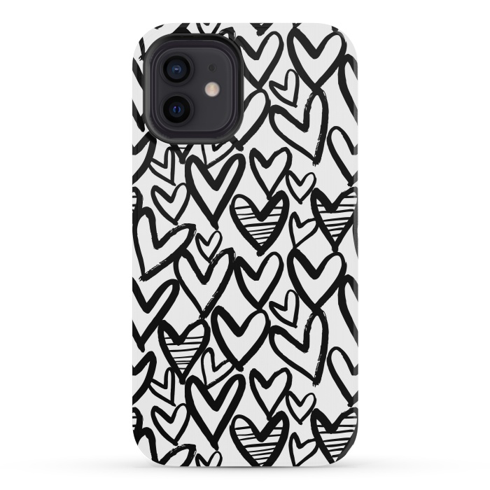 iPhone 12 mini StrongFit Black and white hearts by Laura Grant
