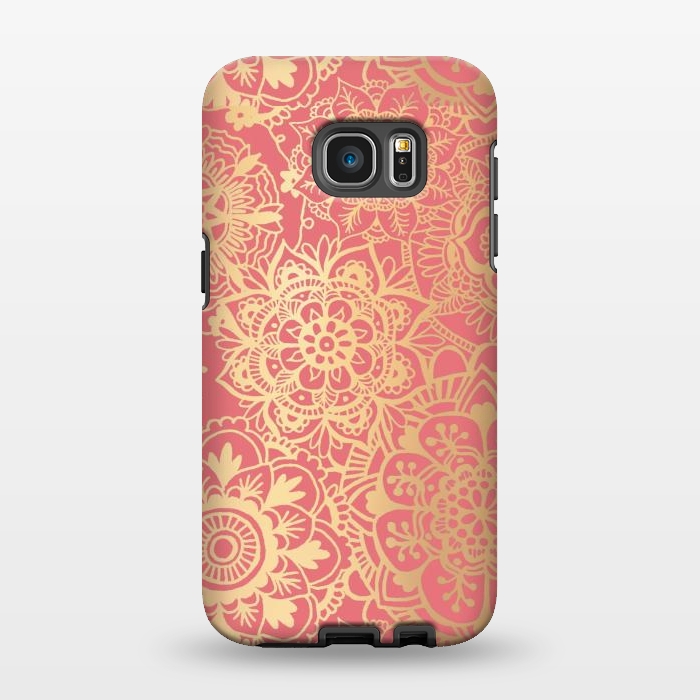 Galaxy S7 EDGE StrongFit Coral Pink and Gold Mandala Pattern by Julie Erin Designs