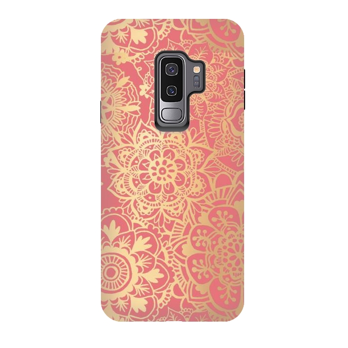 Galaxy S9 plus StrongFit Coral Pink and Gold Mandala Pattern by Julie Erin Designs