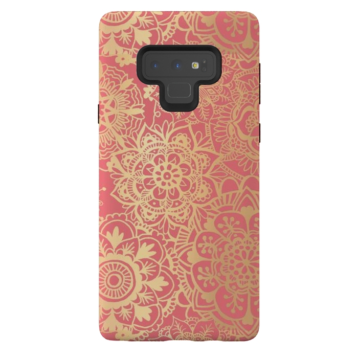 Galaxy Note 9 StrongFit Coral Pink and Gold Mandala Pattern by Julie Erin Designs
