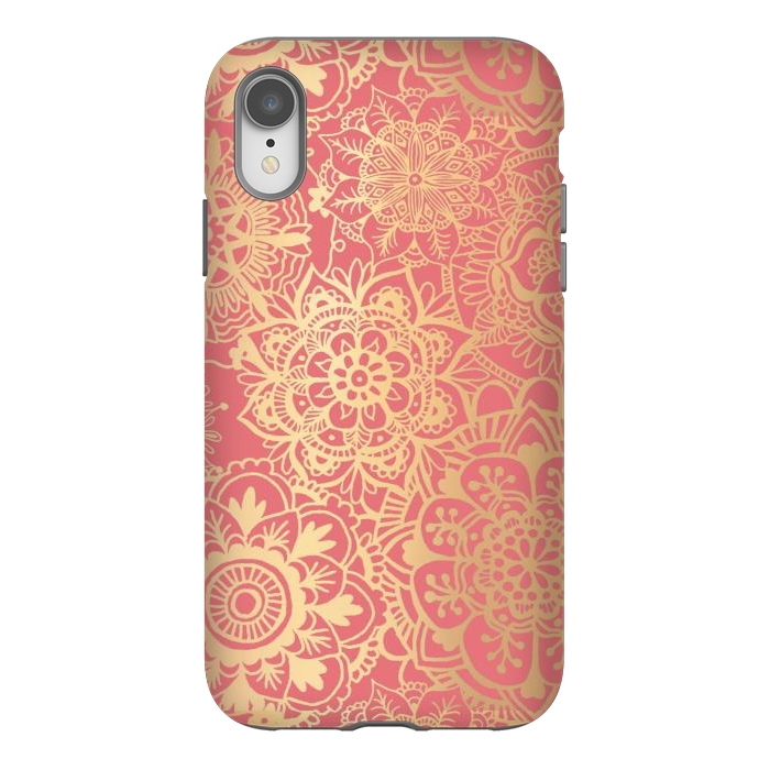 iPhone Xr StrongFit Coral Pink and Gold Mandala Pattern by Julie Erin Designs