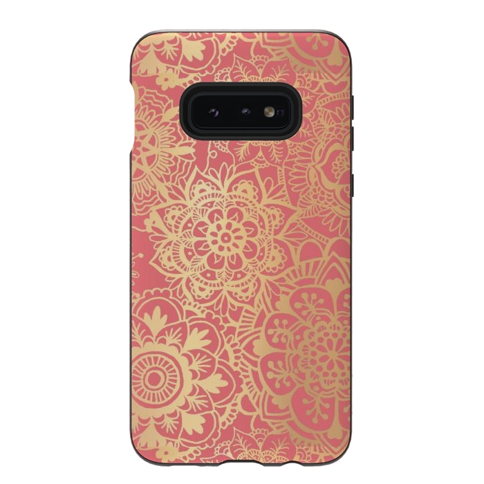 Galaxy S10e StrongFit Coral Pink and Gold Mandala Pattern by Julie Erin Designs