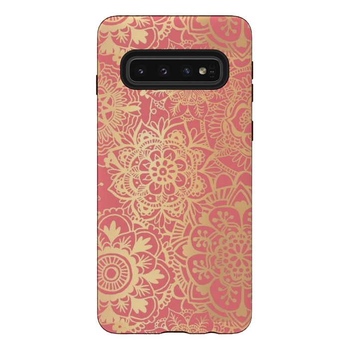 Galaxy S10 StrongFit Coral Pink and Gold Mandala Pattern by Julie Erin Designs