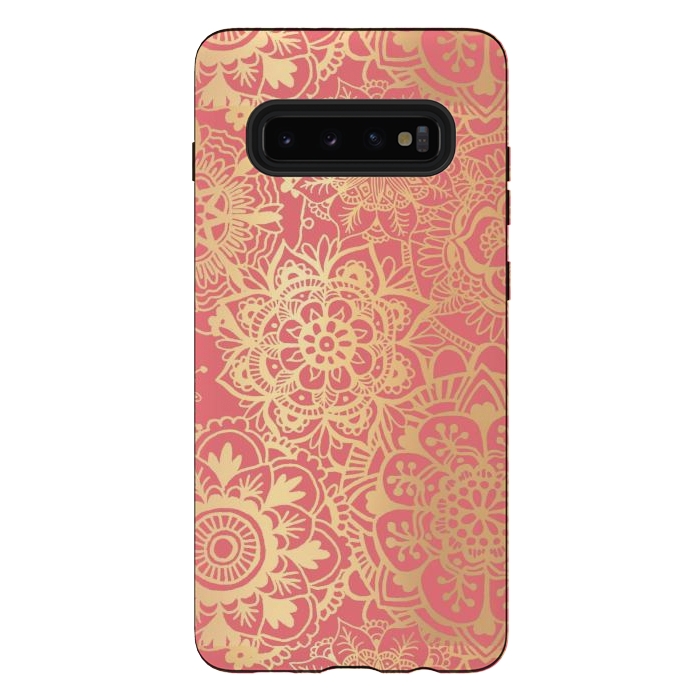 Galaxy S10 plus StrongFit Coral Pink and Gold Mandala Pattern by Julie Erin Designs