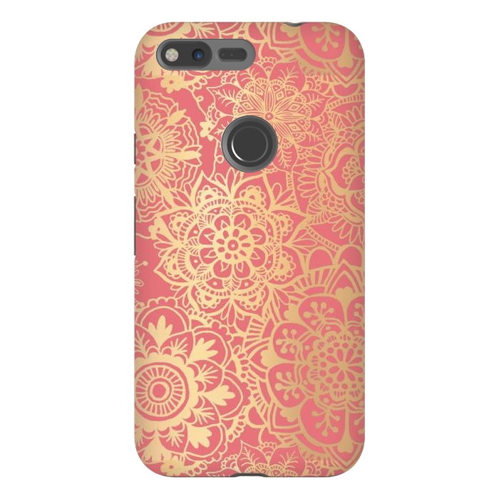 Pixel XL StrongFit Coral Pink and Gold Mandala Pattern by Julie Erin Designs
