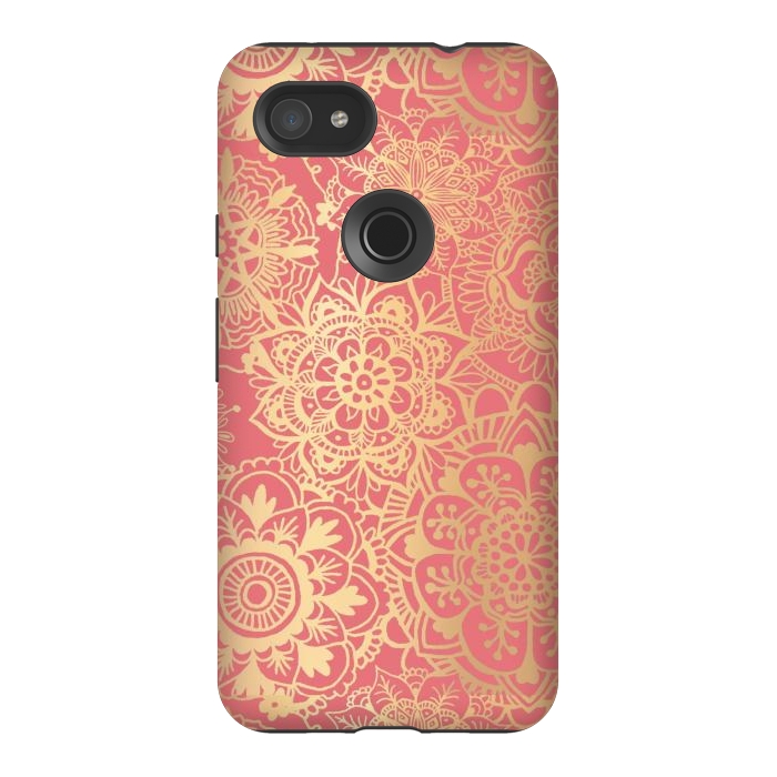 Pixel 3AXL StrongFit Coral Pink and Gold Mandala Pattern by Julie Erin Designs