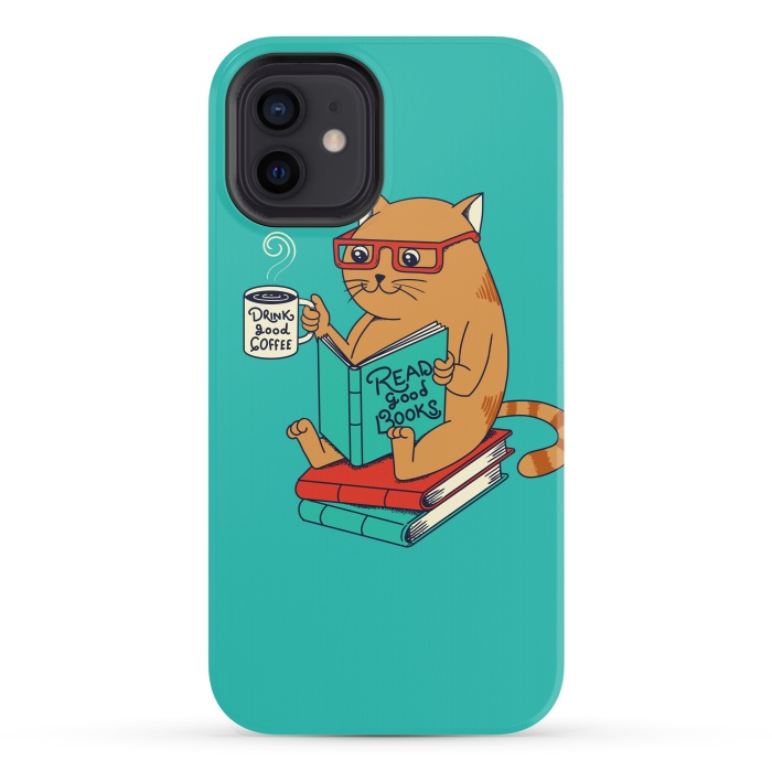 iPhone 12 StrongFit Cat coffee and books by Coffee Man