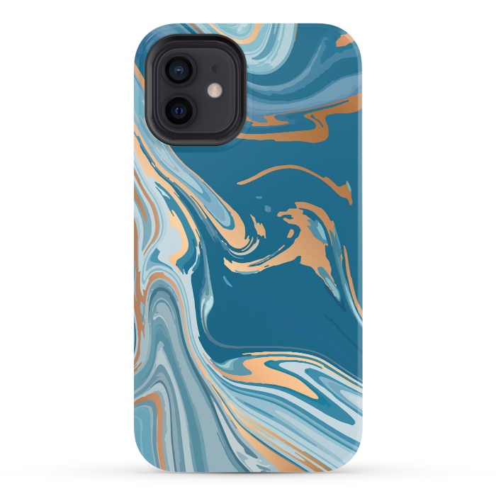 iPhone 12 StrongFit Liquid Blue Marble and Gold 014 by Jelena Obradovic