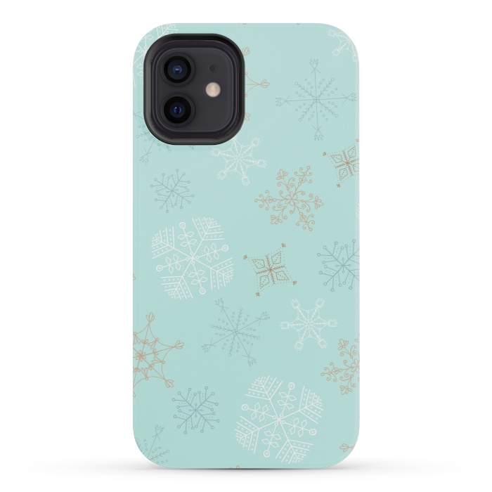 iPhone 12 mini StrongFit Wintery Gold Snowflakes on Blue by Paula Ohreen
