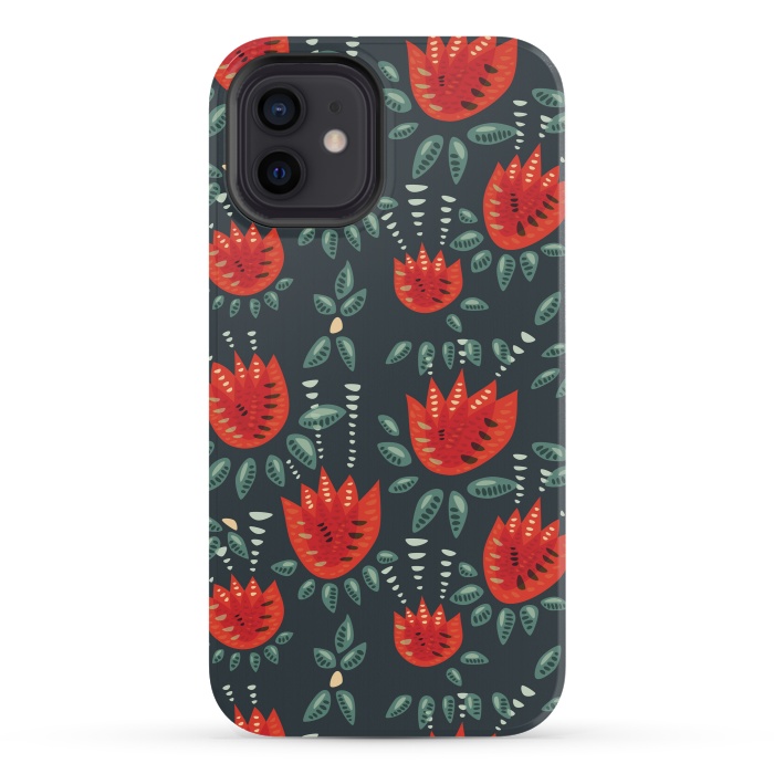 iPhone 12 mini StrongFit Red Tulips Dark Floral Pattern by Boriana Giormova