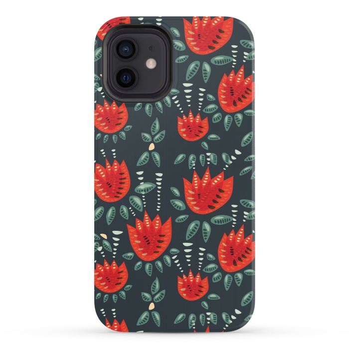 iPhone 12 StrongFit Red Tulips Dark Floral Pattern by Boriana Giormova