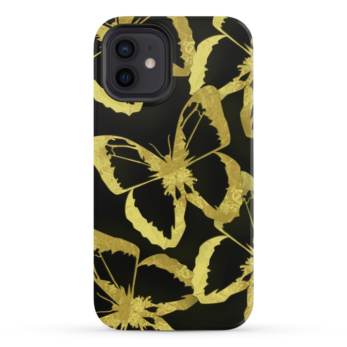 iPhone 12 mini StrongFit Black and Gold Butterflies by Alemi