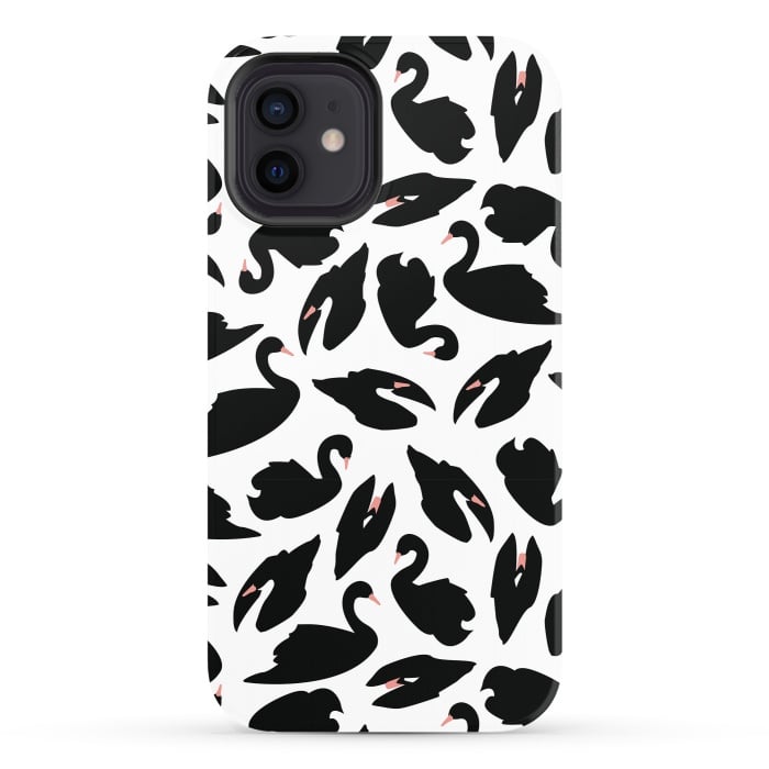 iPhone 12 StrongFit Black Swan Pattern on White 031 by Jelena Obradovic