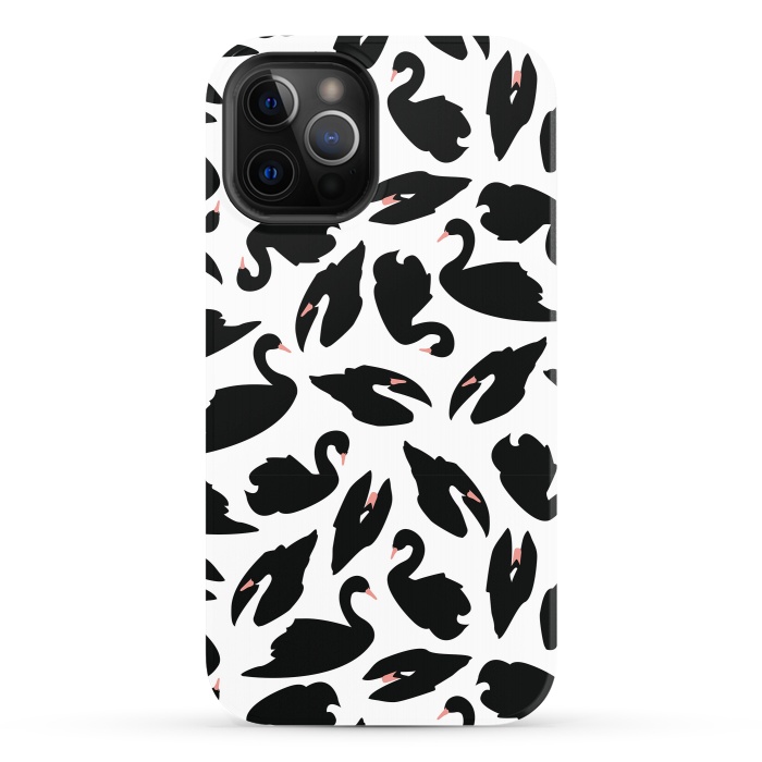 iPhone 12 Pro StrongFit Black Swan Pattern on White 031 by Jelena Obradovic