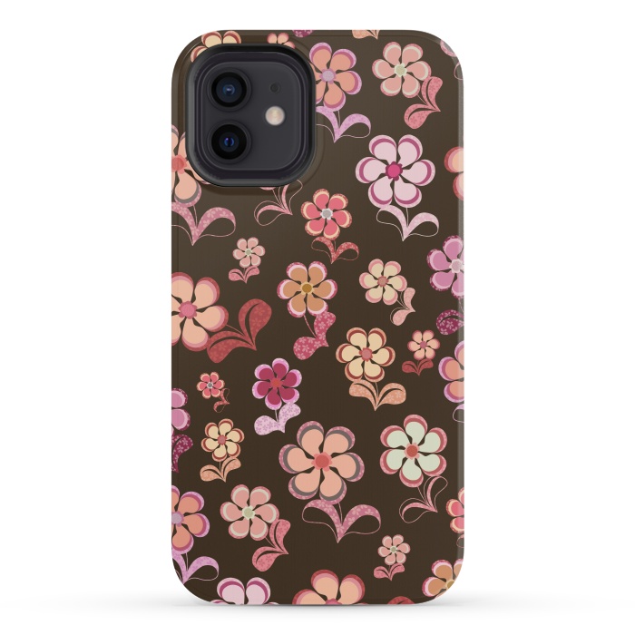 iPhone 12 mini StrongFit 60s Flowers on Chocolate Brown by Paula Ohreen
