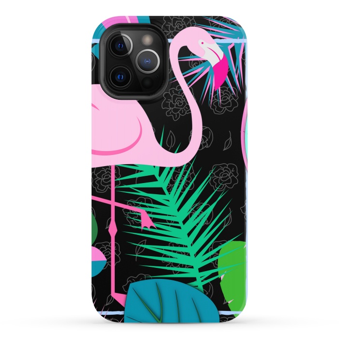 iPhone 12 Pro StrongFit flamingo pattern black by MALLIKA