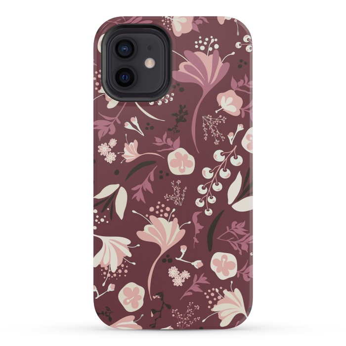 iPhone 12 mini StrongFit Beautiful Blooms on Burgundy by Paula Ohreen