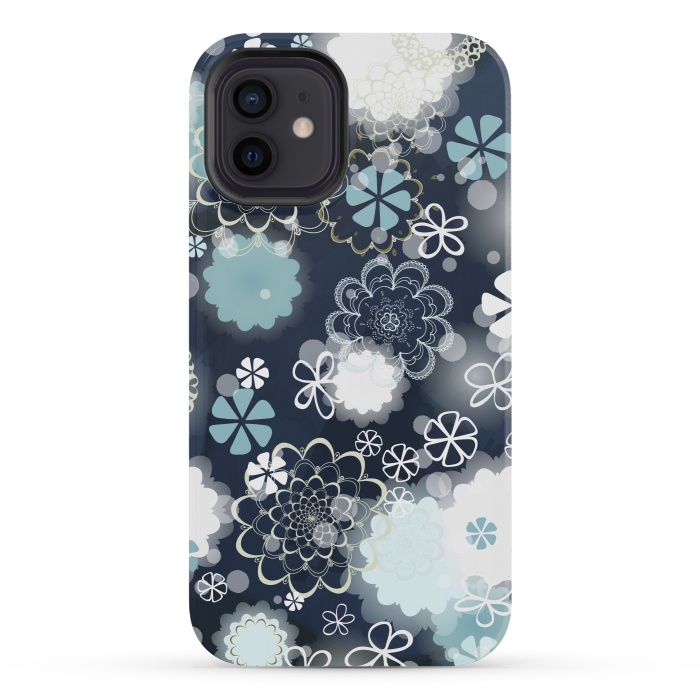 iPhone 12 mini StrongFit Lacy Flowers on Dark Blue by Paula Ohreen