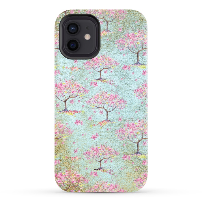 iPhone 12 StrongFit Shiny Teal Spring Metal Cherry Blossom Tree Pattern by  Utart