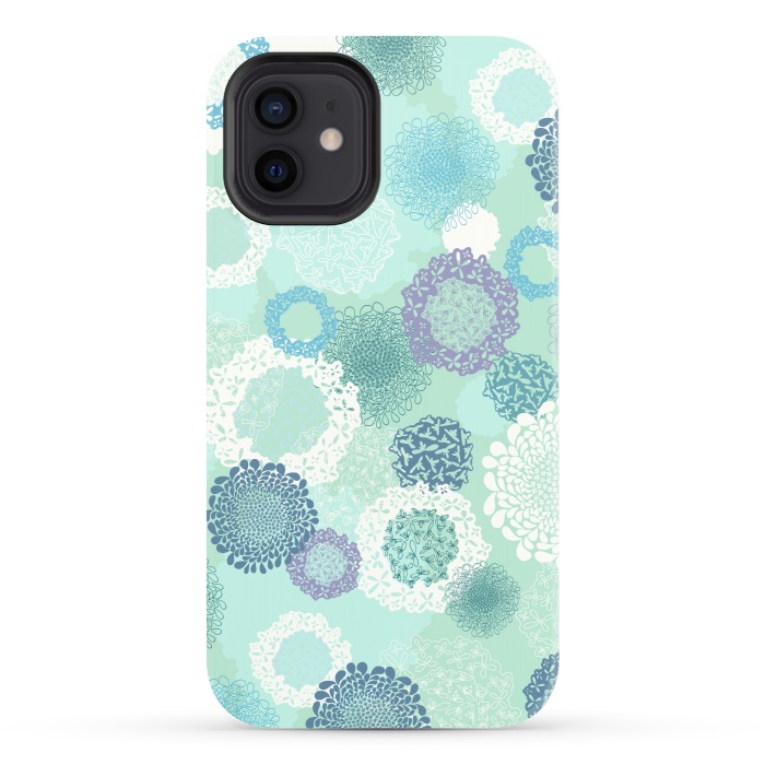 iPhone 12 StrongFit Doily Flowers on Teal by Paula Ohreen