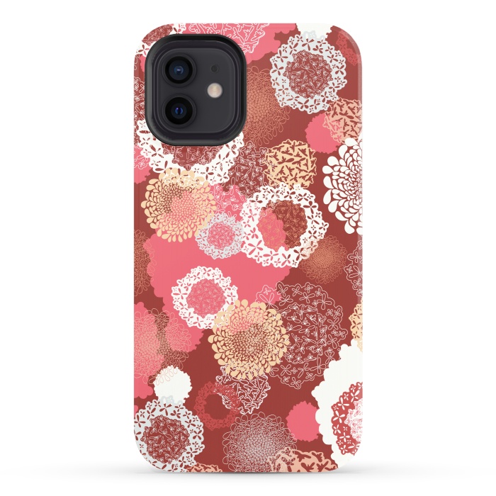 iPhone 12 StrongFit Doily Flowers on Red by Paula Ohreen