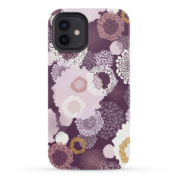 iPhone 12 mini StrongFit Doily Flowers on Purple by Paula Ohreen