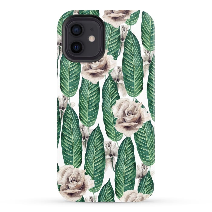 iPhone 12 StrongFit Tropical leaves and white roses by Mmartabc
