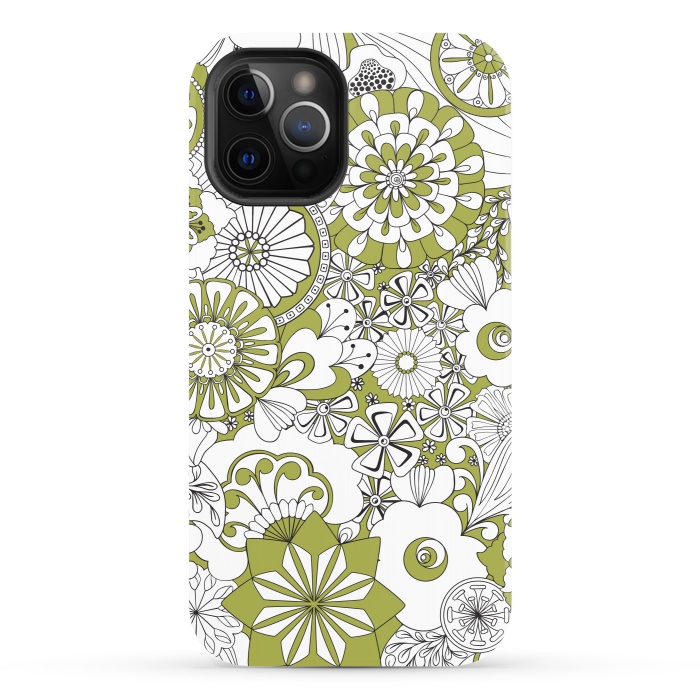 iPhone 12 Pro StrongFit 70s Flowers - Green and White by Paula Ohreen