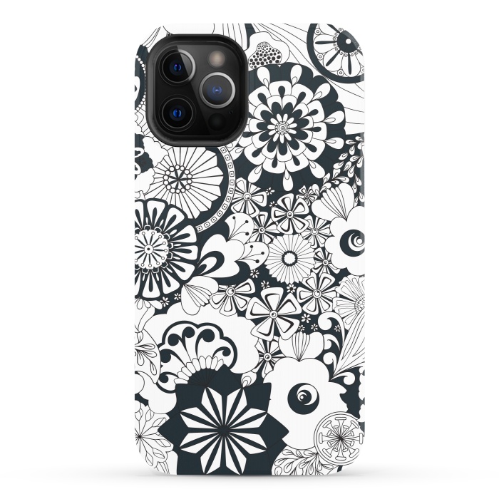 iPhone 12 Pro StrongFit 70s Flowers - Navy and White by Paula Ohreen