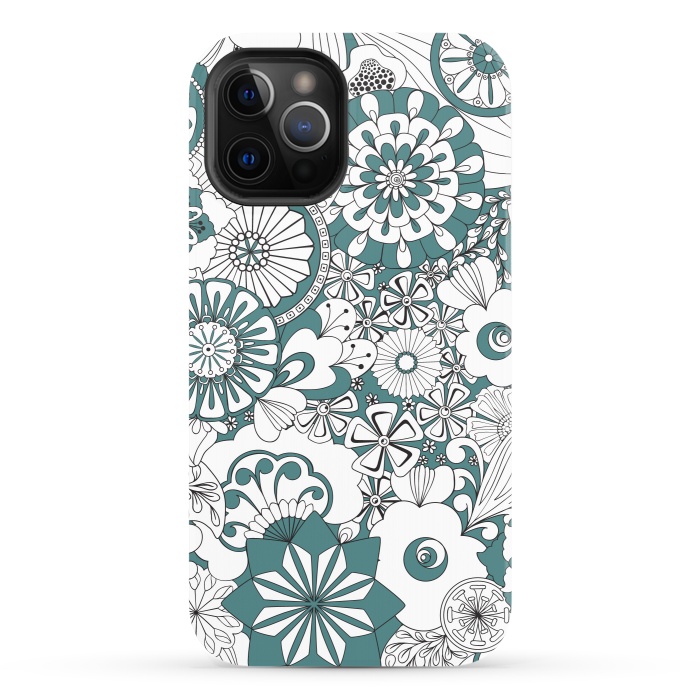 iPhone 12 Pro StrongFit 70s Flowers - Blue and White by Paula Ohreen