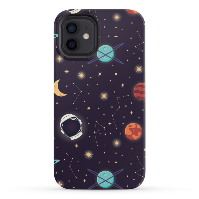 iPhone 12 mini StrongFit Universe with planets, stars and astronaut helmet seamless pattern, cosmos starry night sky, vector illustration by Jelena Obradovic
